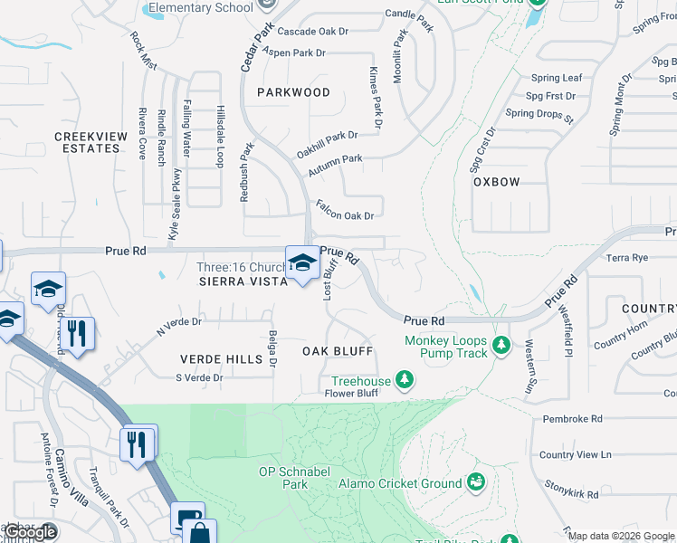 map of restaurants, bars, coffee shops, grocery stores, and more near 7711 Deer Bluff in San Antonio