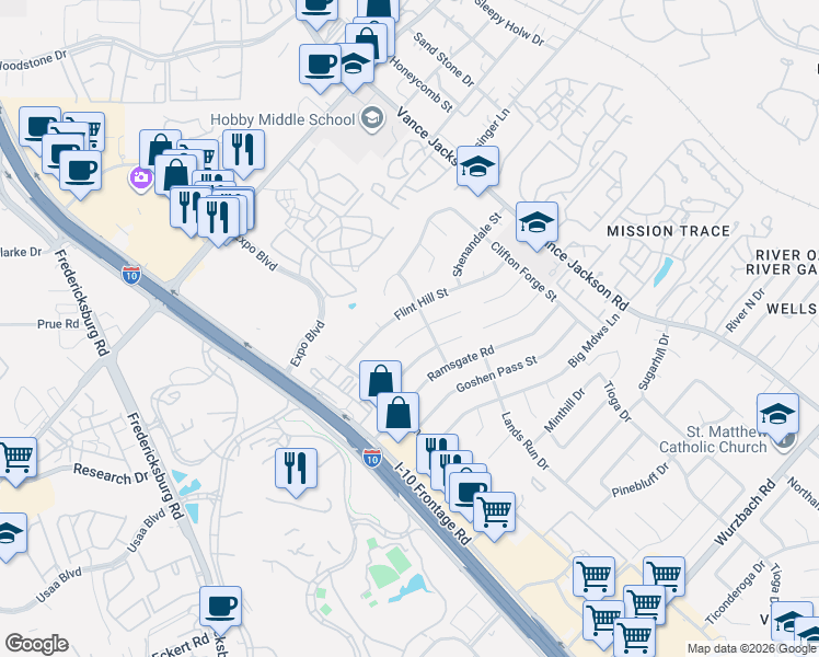 map of restaurants, bars, coffee shops, grocery stores, and more near 4211 Bunker Hill Street in San Antonio