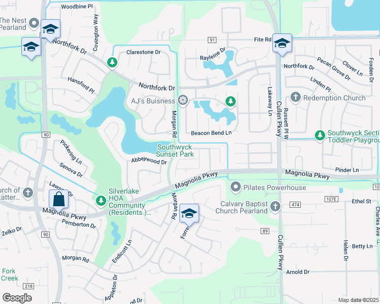 map of restaurants, bars, coffee shops, grocery stores, and more near 4022 Bentley Drive in Pearland