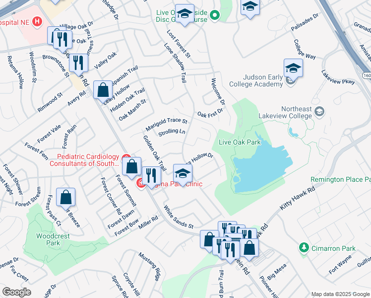 map of restaurants, bars, coffee shops, grocery stores, and more near 11509 Lone Shadow Trail in Live Oak