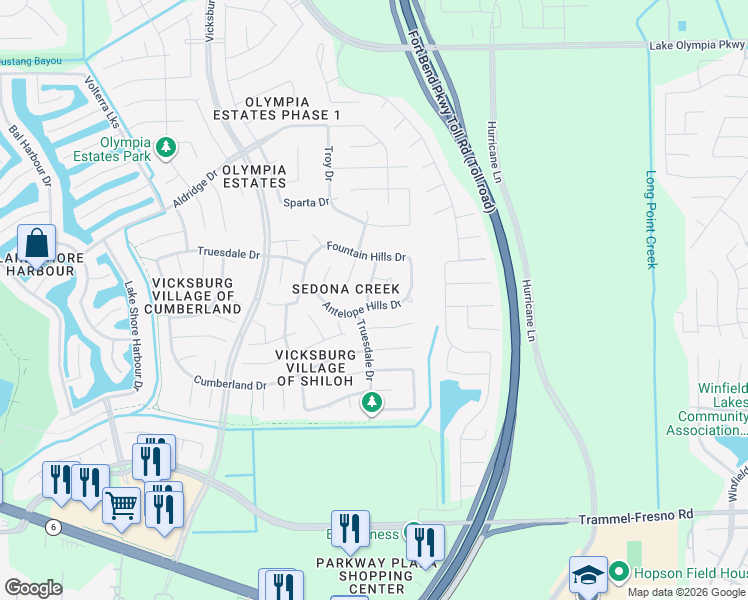 map of restaurants, bars, coffee shops, grocery stores, and more near 2806 Sandstone Ridge Drive in Missouri City