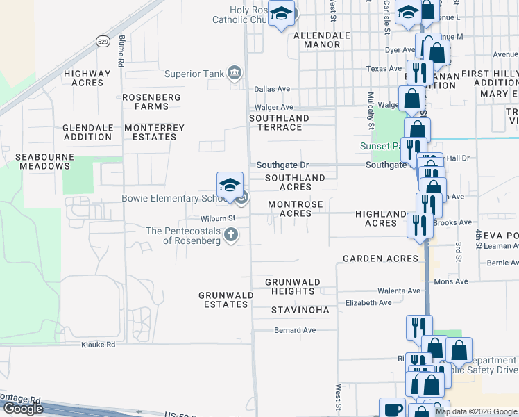 map of restaurants, bars, coffee shops, grocery stores, and more near 903 Brooks Avenue in Rosenberg