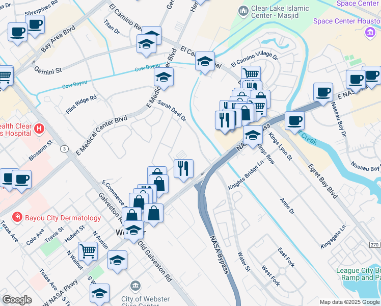 map of restaurants, bars, coffee shops, grocery stores, and more near 555 NASA Road 1 in Webster