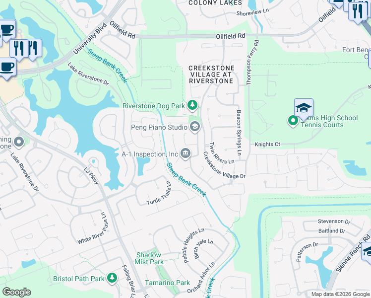 map of restaurants, bars, coffee shops, grocery stores, and more near 4023 Candle Cove Court in Sugar Land