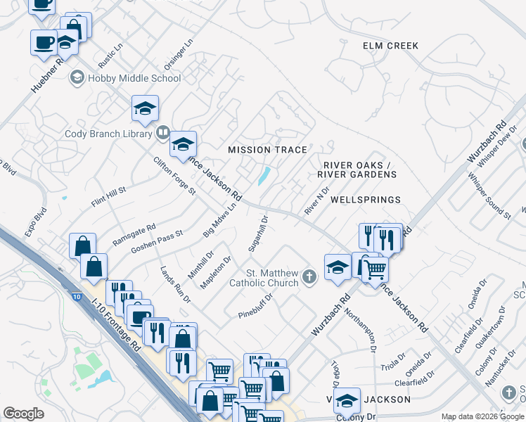 map of restaurants, bars, coffee shops, grocery stores, and more near 3526 Monterrey Oak in San Antonio