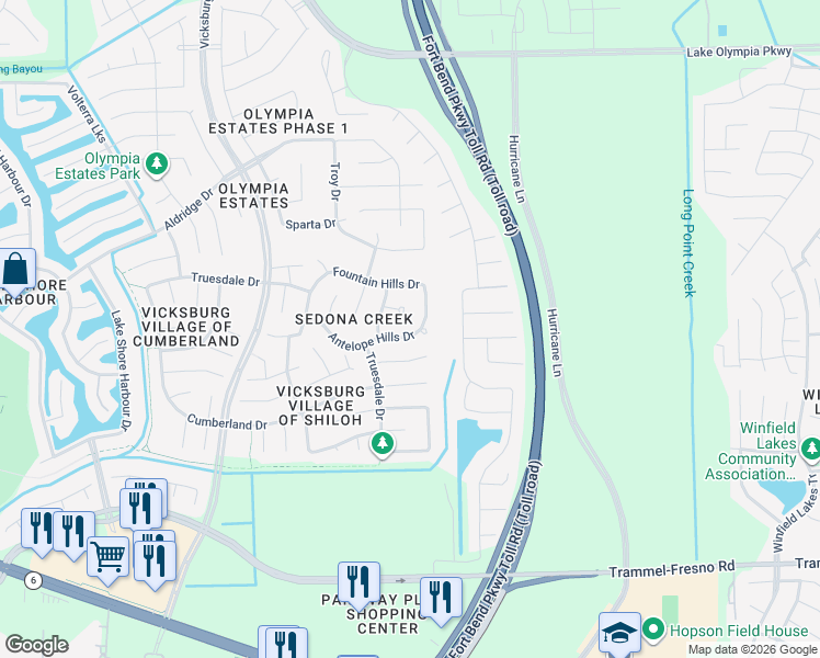 map of restaurants, bars, coffee shops, grocery stores, and more near 3203 Chino Valley Court in Missouri City