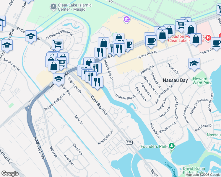 map of restaurants, bars, coffee shops, grocery stores, and more near 1303 Saxony Lane in Houston