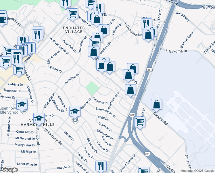 map of restaurants, bars, coffee shops, grocery stores, and more near 209 West Silver Sands Drive in San Antonio