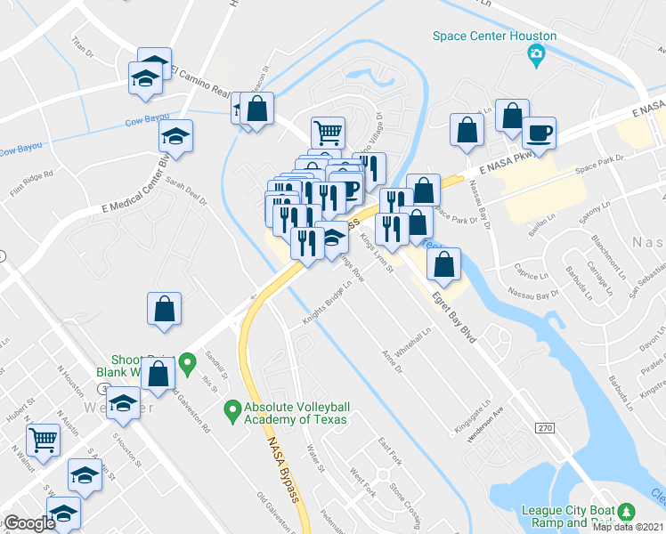 map of restaurants, bars, coffee shops, grocery stores, and more near 18096 Kings Row in Houston