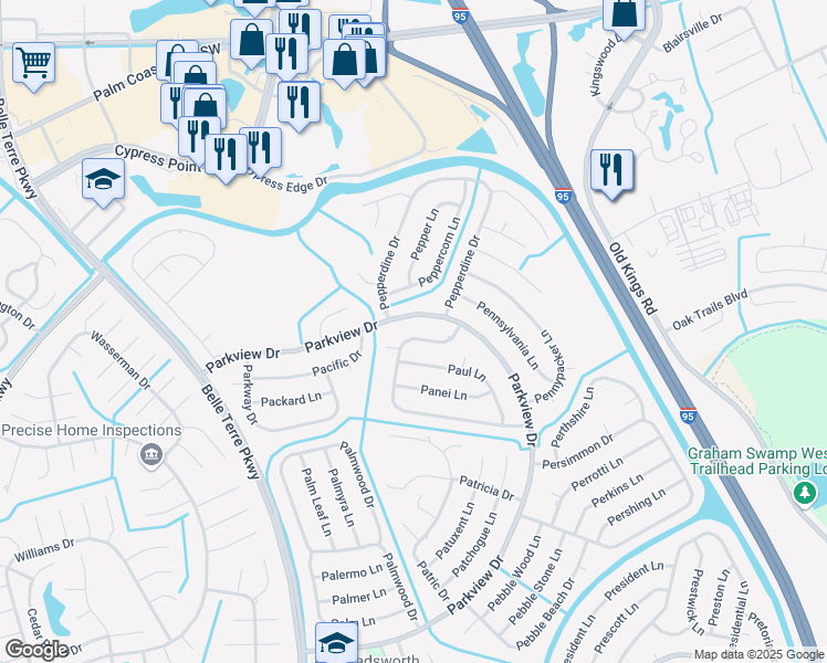map of restaurants, bars, coffee shops, grocery stores, and more near 114 Parkview Drive in Palm Coast