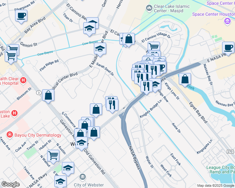 map of restaurants, bars, coffee shops, grocery stores, and more near 555 NASA Road 1 in Webster
