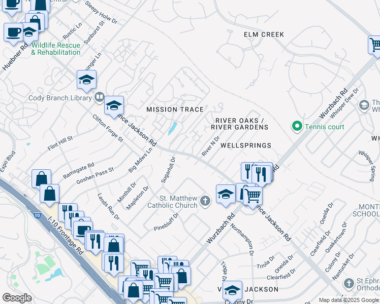 map of restaurants, bars, coffee shops, grocery stores, and more near 11146 Vance Jackson Road in San Antonio