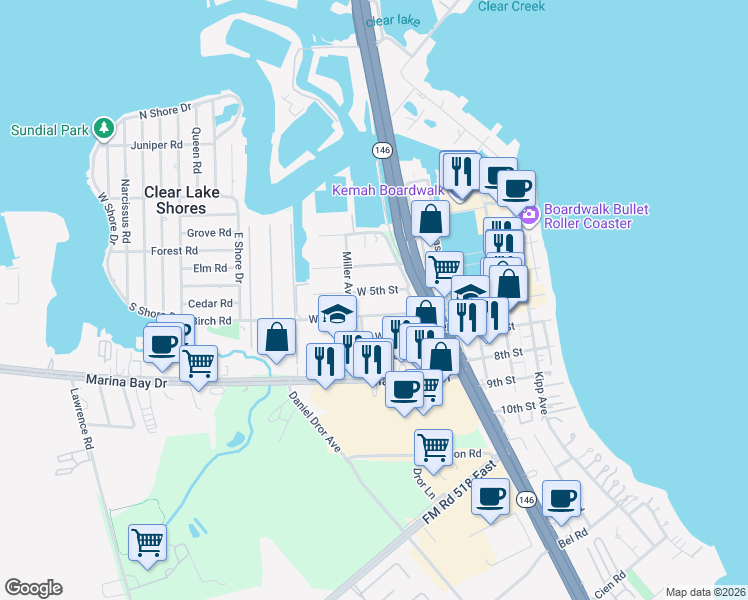 map of restaurants, bars, coffee shops, grocery stores, and more near 70 West 5th Street in Kemah