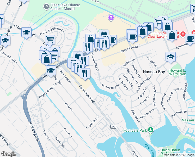 map of restaurants, bars, coffee shops, grocery stores, and more near 1303 Saxony Lane in Houston