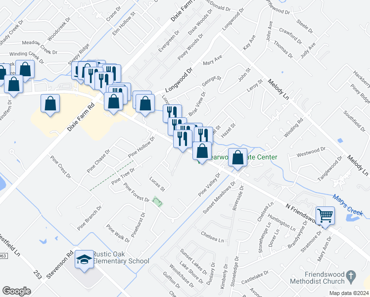 map of restaurants, bars, coffee shops, grocery stores, and more near 1346 East Broadway Street in Pearland