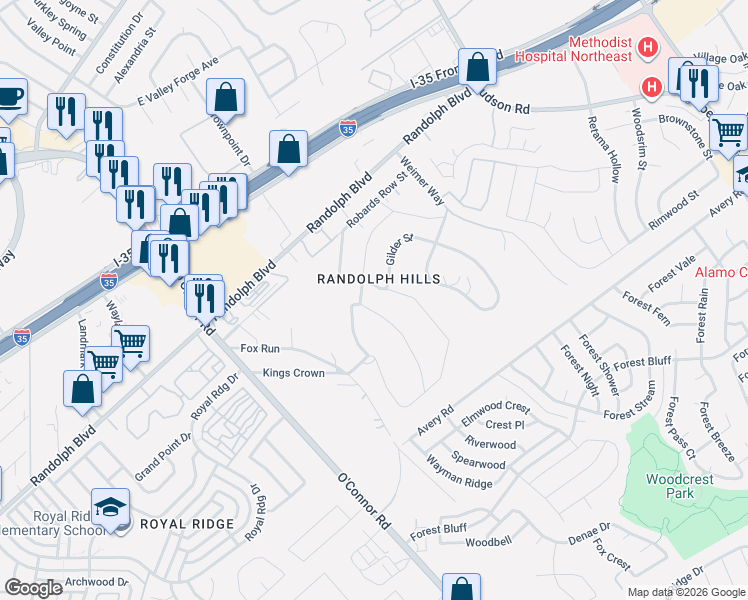 map of restaurants, bars, coffee shops, grocery stores, and more near 11615 Pomeroy Circle in San Antonio