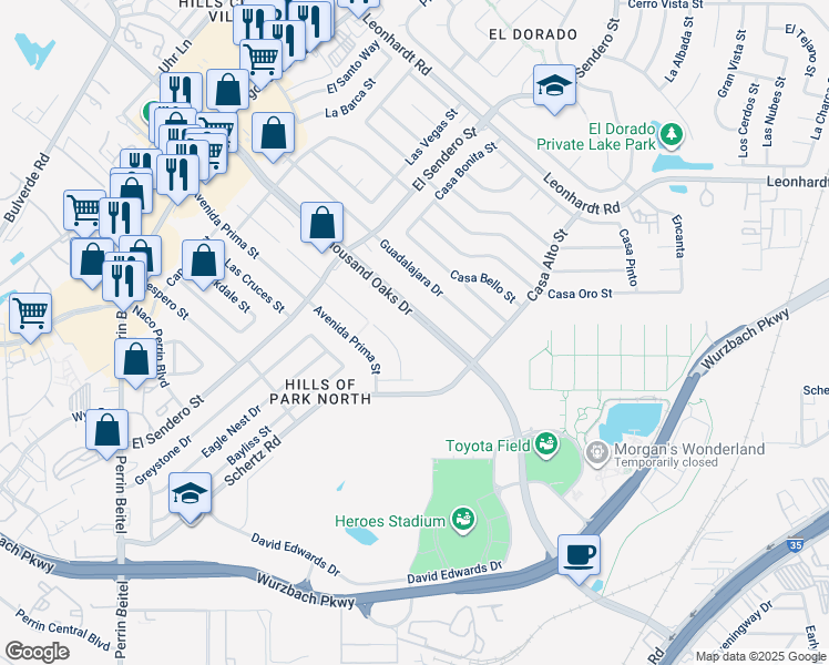 map of restaurants, bars, coffee shops, grocery stores, and more near 4620 Thousand Oaks Drive in San Antonio