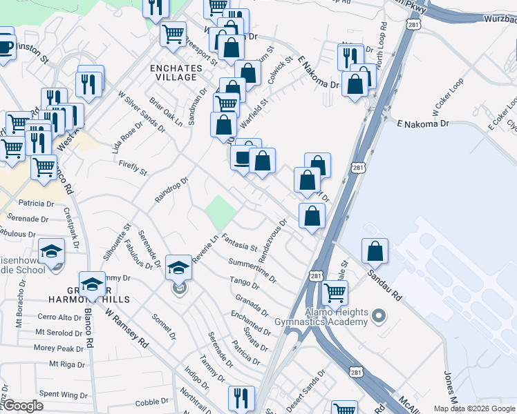 map of restaurants, bars, coffee shops, grocery stores, and more near 209 West Silver Sands Drive in San Antonio