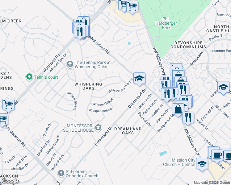 map of restaurants, bars, coffee shops, grocery stores, and more near 11107 Whispering Wind Street in San Antonio