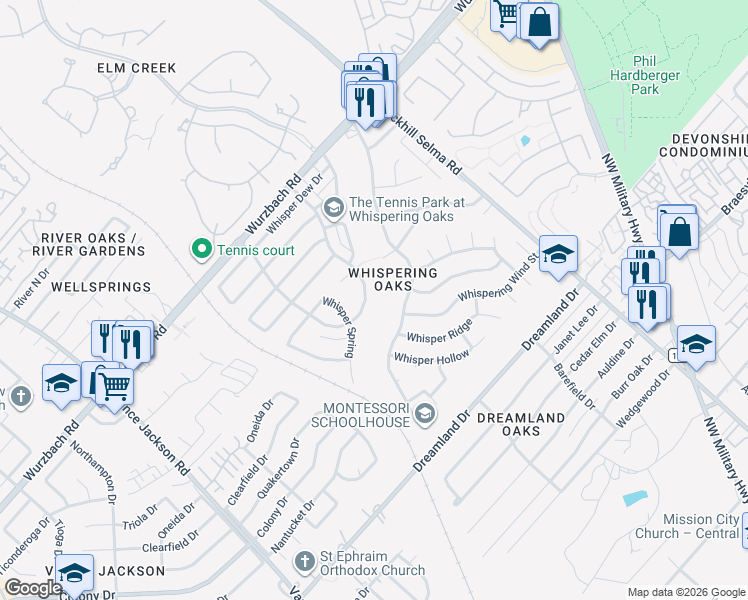 map of restaurants, bars, coffee shops, grocery stores, and more near 11234 Whisper Willow Street in San Antonio