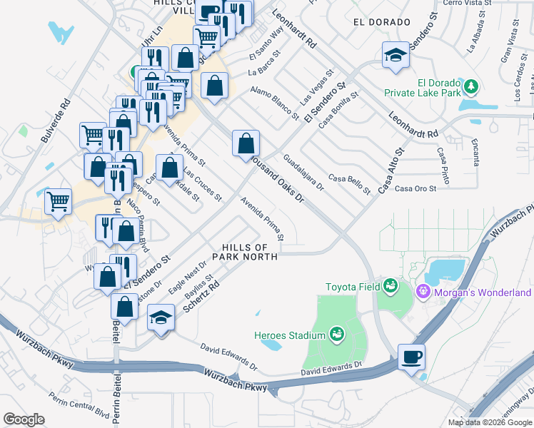 map of restaurants, bars, coffee shops, grocery stores, and more near 4542 El Simpatico Street in San Antonio