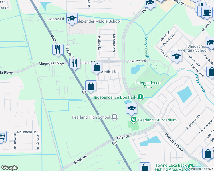 map of restaurants, bars, coffee shops, grocery stores, and more near 3403 Wheatmeadow Lane in Pearland