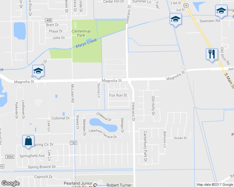 map of restaurants, bars, coffee shops, grocery stores, and more near 4517 Fox Run Street in Pearland