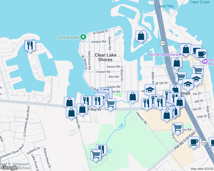map of restaurants, bars, coffee shops, grocery stores, and more near 702 Clear Lake Road in Kemah