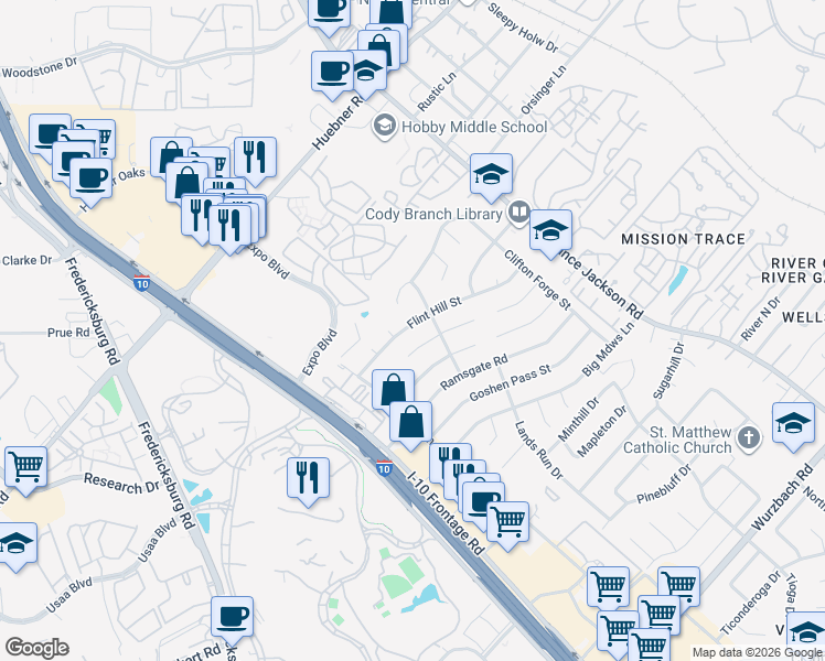 map of restaurants, bars, coffee shops, grocery stores, and more near 4210 Flint Hill Street in San Antonio