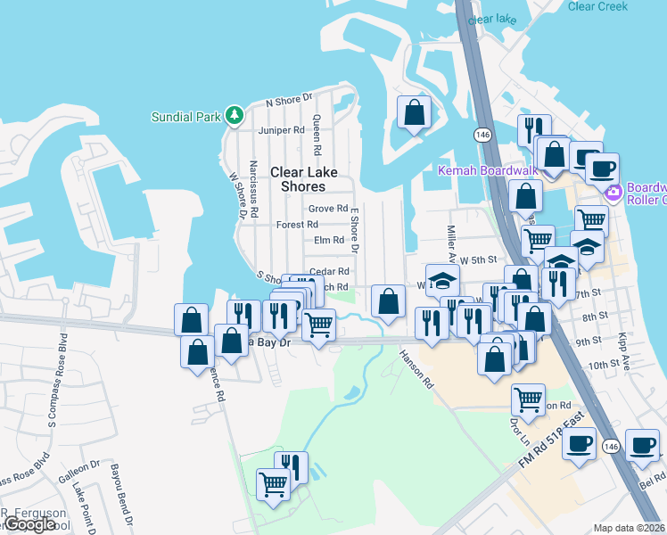 map of restaurants, bars, coffee shops, grocery stores, and more near 905 Dogwood Road in Kemah