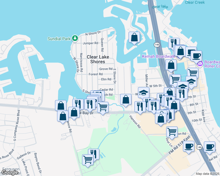 map of restaurants, bars, coffee shops, grocery stores, and more near 905 Dogwood Road in Kemah