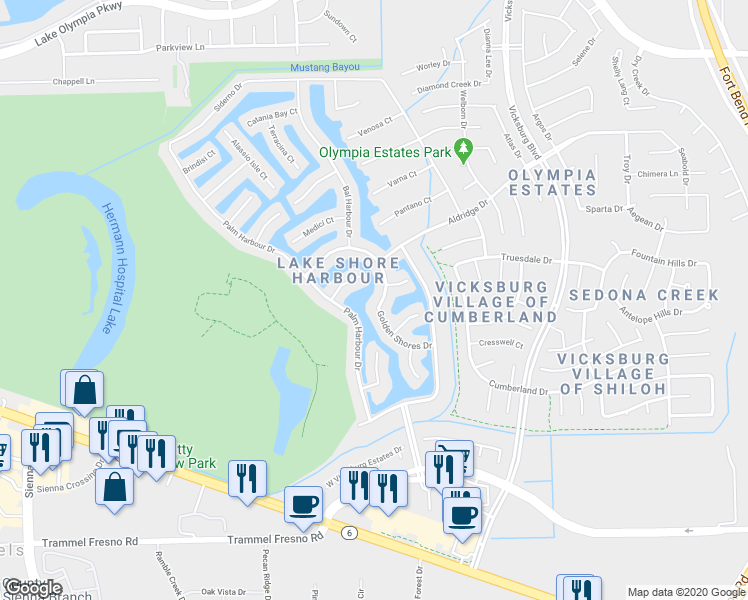 map of restaurants, bars, coffee shops, grocery stores, and more near 2934 Lake Villa Drive in Missouri City