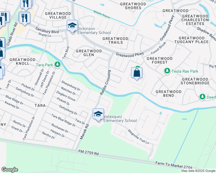 map of restaurants, bars, coffee shops, grocery stores, and more near 7406 Cherry Brook Court in Sugar Land