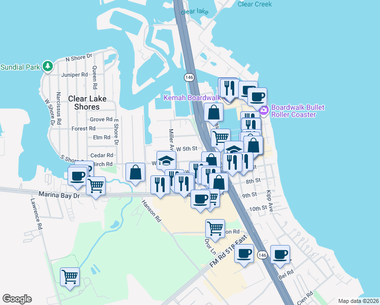 map of restaurants, bars, coffee shops, grocery stores, and more near 70 W 5th St in Kemah