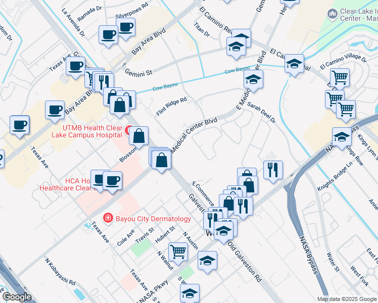 map of restaurants, bars, coffee shops, grocery stores, and more near 290 East Medical Center Boulevard in Webster