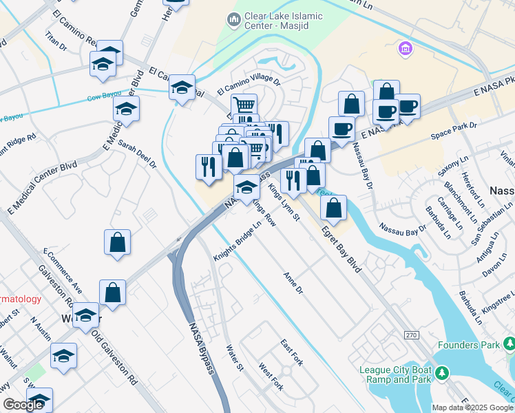 map of restaurants, bars, coffee shops, grocery stores, and more near 18096 Kings Row in Houston