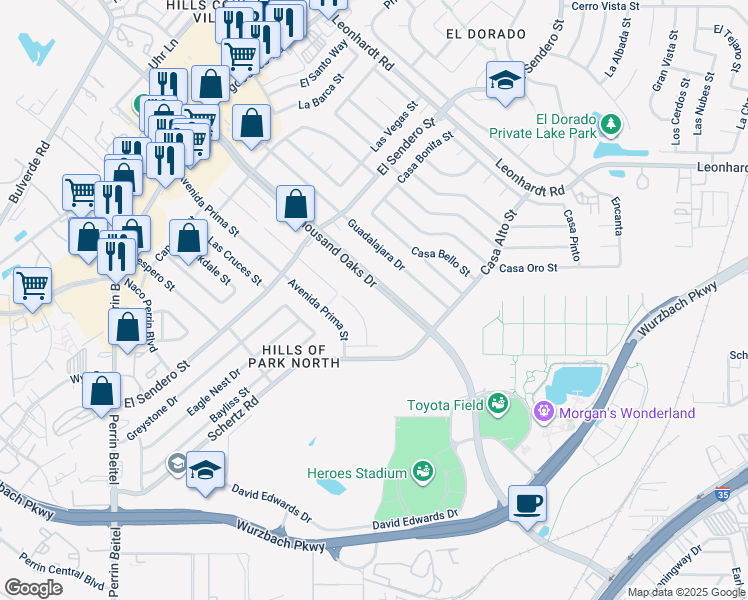 map of restaurants, bars, coffee shops, grocery stores, and more near 4620 Thousand Oaks Drive in San Antonio