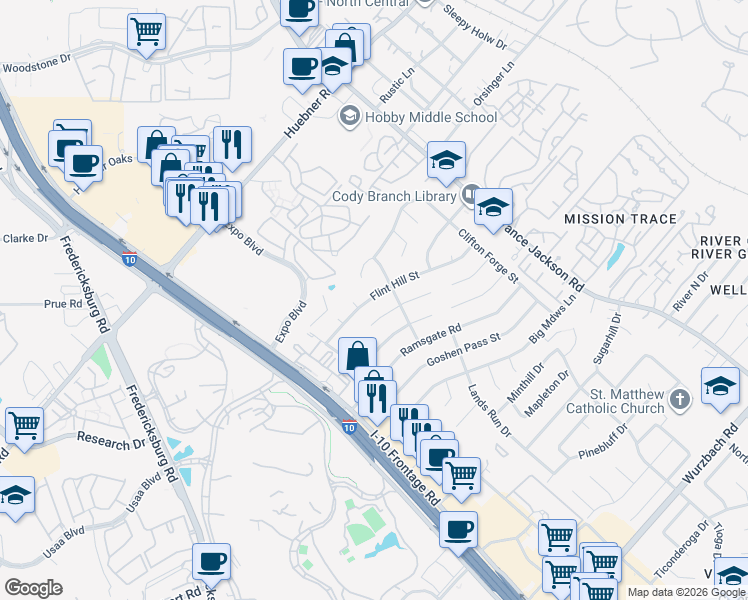 map of restaurants, bars, coffee shops, grocery stores, and more near 4210 Flint Hill Street in San Antonio
