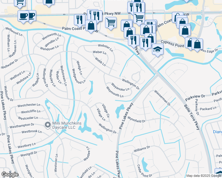 map of restaurants, bars, coffee shops, grocery stores, and more near 58 Weymouth Lane in Palm Coast
