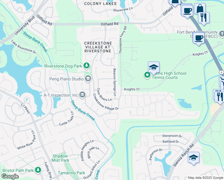 map of restaurants, bars, coffee shops, grocery stores, and more near 3815 Bending Key Court in Sugar Land