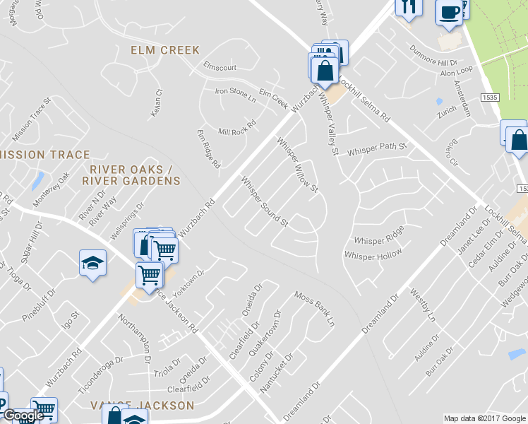 map of restaurants, bars, coffee shops, grocery stores, and more near 11322 Whisper Dawn Street in San Antonio