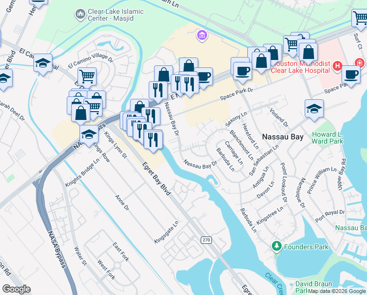 map of restaurants, bars, coffee shops, grocery stores, and more near 1303 Saxony Lane in Houston