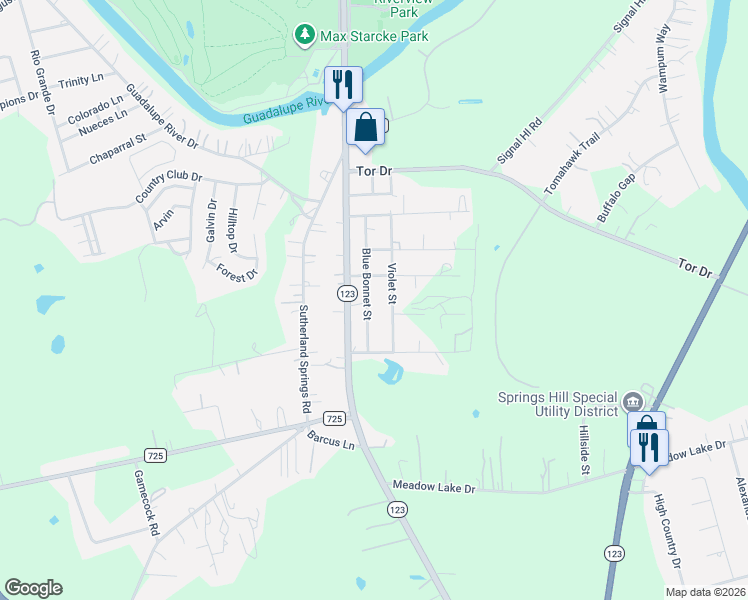 map of restaurants, bars, coffee shops, grocery stores, and more near 1123 South Spur in Seguin