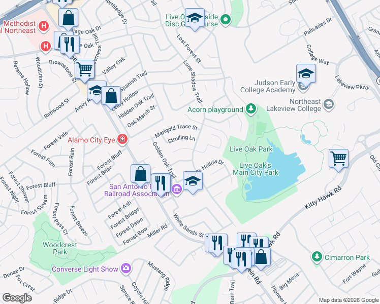 map of restaurants, bars, coffee shops, grocery stores, and more near 11509 Lone Shadow Trail in Live Oak