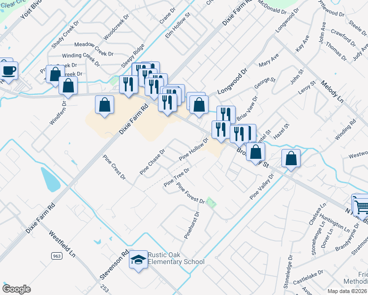 map of restaurants, bars, coffee shops, grocery stores, and more near 1506 Pine Grove Lane in Pearland