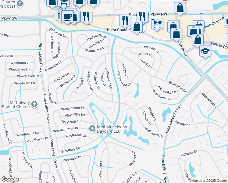 map of restaurants, bars, coffee shops, grocery stores, and more near 71 Wellstream Lane in Palm Coast