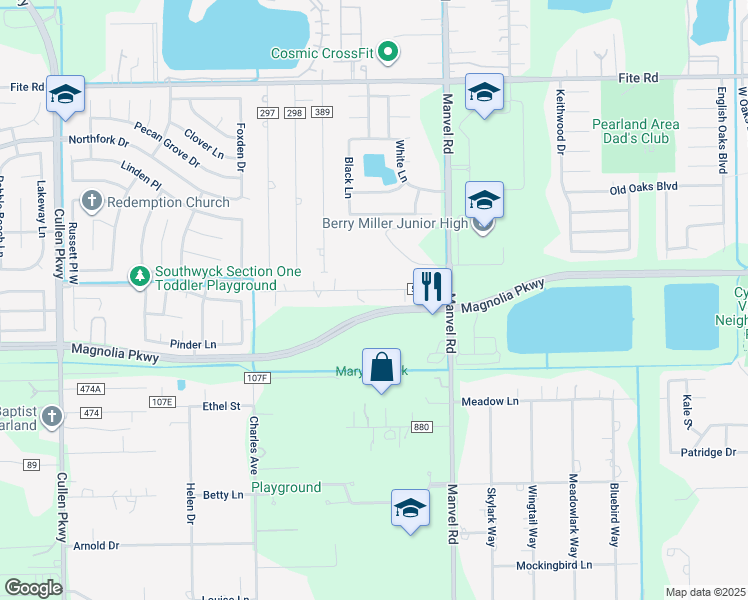 map of restaurants, bars, coffee shops, grocery stores, and more near 5114 Blue Sage Drive in Pearland