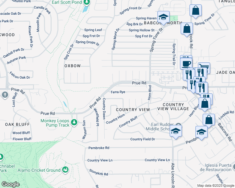 map of restaurants, bars, coffee shops, grocery stores, and more near 6914 Terra Rye in San Antonio