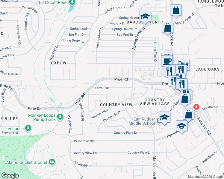 map of restaurants, bars, coffee shops, grocery stores, and more near 6822 Terra Rye in San Antonio