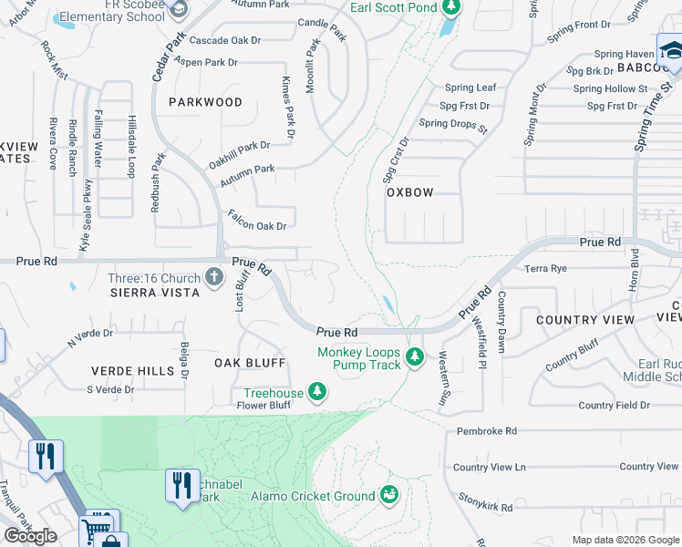 map of restaurants, bars, coffee shops, grocery stores, and more near 7540 Prue Road in San Antonio